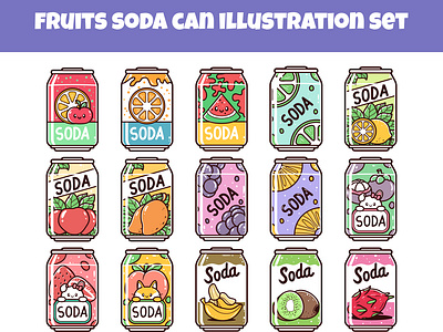 Fruits soda can set vector illustration beverage branding can cartoon cola cute doodle drinks fruit hand drawn icon illustration label logo menu product restaurant shop soda vector