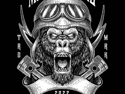 MAD MACHINE apes apparel design bikers clothing design design engraving art hand drawn helmet illustration kong line art medieval art merchandise design monkey pistons ribbon shirt design toni midi tshirt design vector