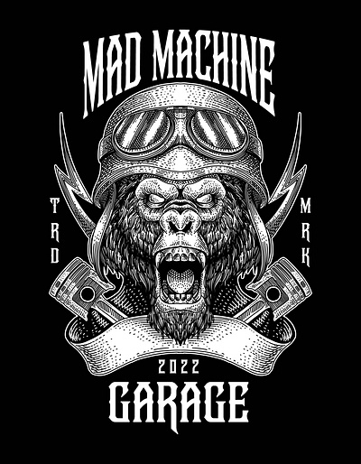 MAD MACHINE apes apparel design bikers clothing design design engraving art hand drawn helmet illustration kong line art medieval art merchandise design monkey pistons ribbon shirt design toni midi tshirt design vector