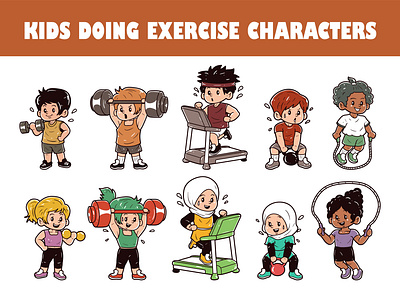 Kids doing exercise character vector illustration set athlete athletic cartoon childhood children cute doodle education exercise fitness funny hand drawn icon illustration kids school sketch sport toddler vector