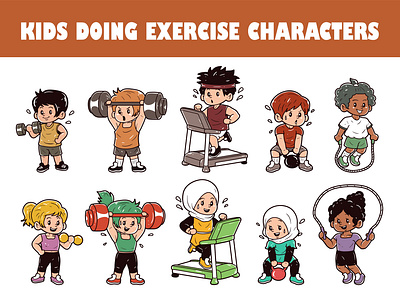 Kids doing exercise character vector illustration set athlete athletic cartoon childhood children cute doodle education exercise fitness funny hand drawn icon illustration kids school sketch sport toddler vector