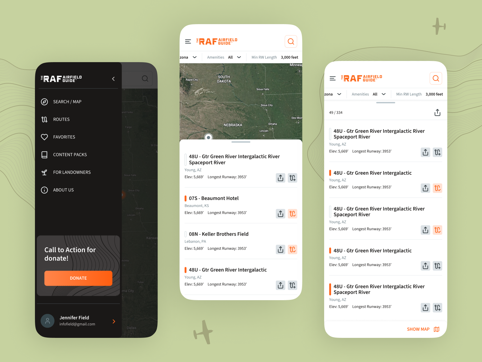 Map and List Screens of Mobile App | The Airfield Guide airfield airlines airplane flight app design fly guide map mobile app monitoring pilot plane plane guide product design raf route route detailes side menu ui design user interface uxui