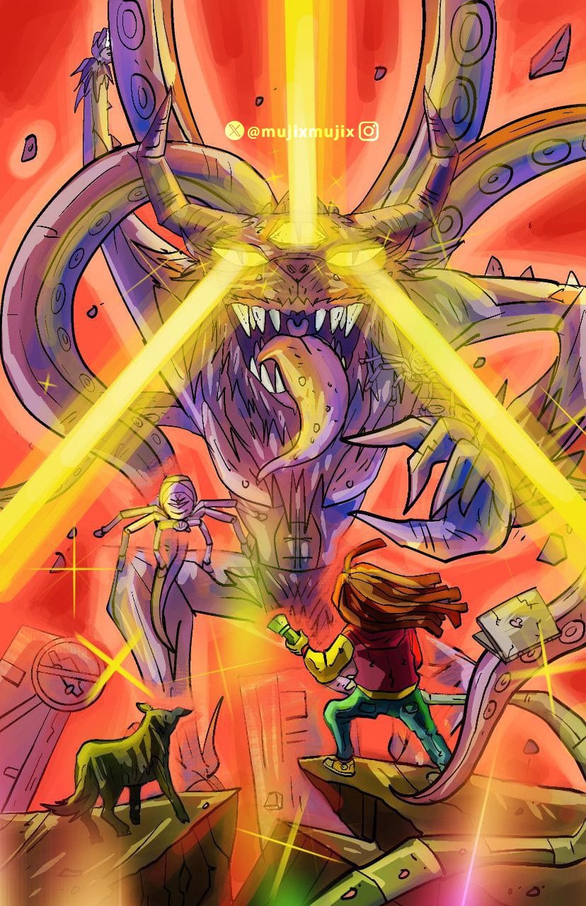 Fighting the monster in town artwork comic graphic design illustration manga mujix