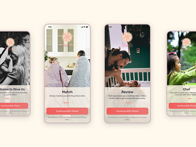 OliveUS | Babysitting Booking App | Onboarding daily ui design trends mobile app mobile design onboarding registration ui ui trends ux ui