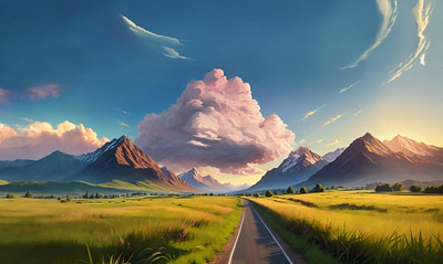 Peaceful evening in the fields afternoon clouds cozy evening evenings fields illustration mountains peaceful sky