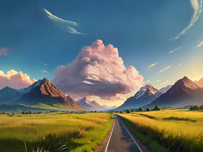 Peaceful evening in the fields afternoon clouds cozy evening evenings fields illustration mountains peaceful sky