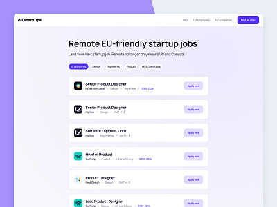 EU Startup Job Board dashboard job board saas ui web app