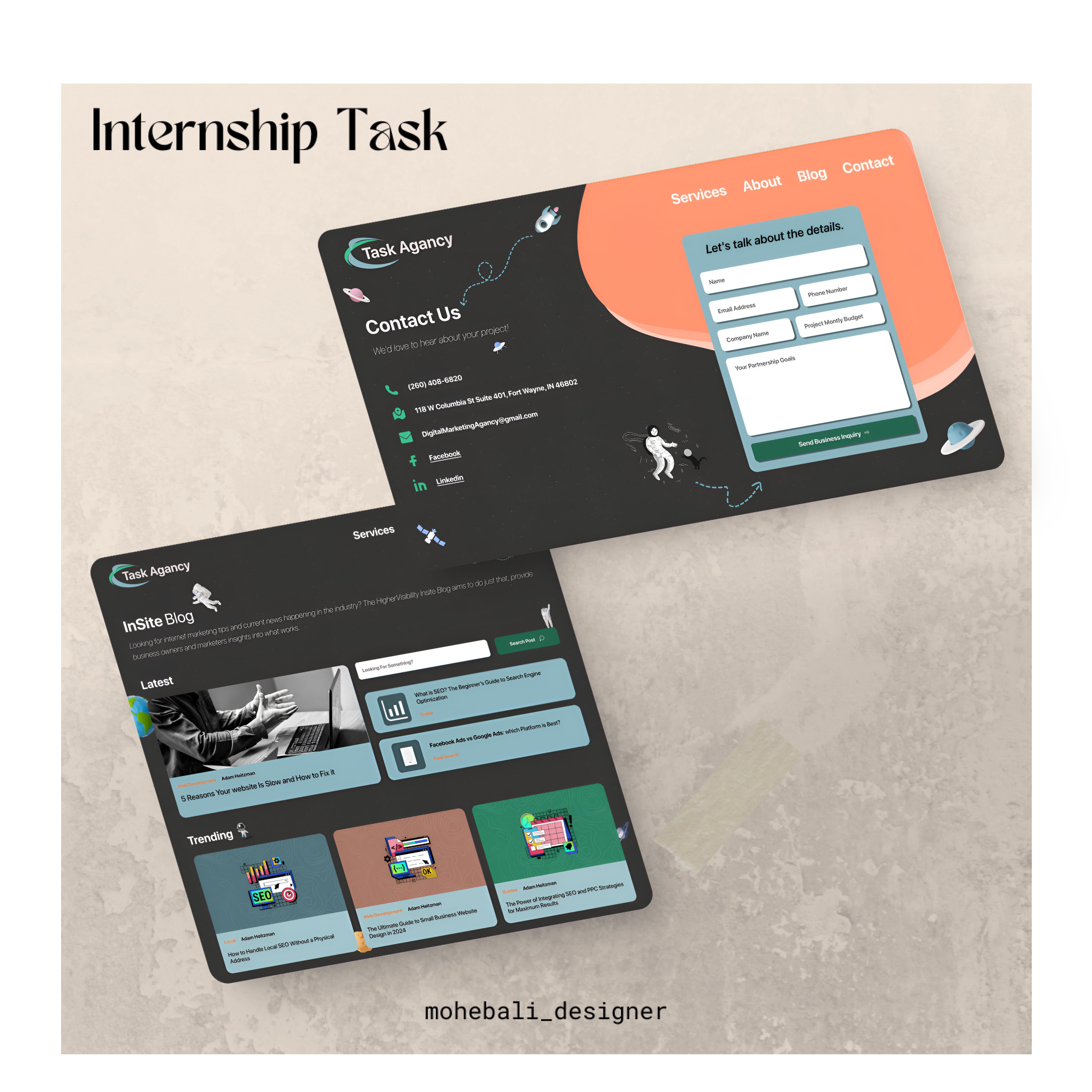 Internship Task - Blog & Contact us Page blog page contact page dark mode digital marketing agency english internship task ui uiux ux website
