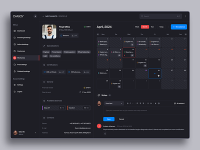 User profile. Admin panel. admin admin panel auto mechanic calendar car car service design elena sinianskaya mechanic olena synianska product profile service ui uiux user profile ux web app web application webdesign