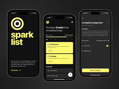Spark List - Task Management Mobile App - Product Design app branding clean dark dark mode design illustration list minimal mobile mobile app simple spark ui uiux ux ux design yellow