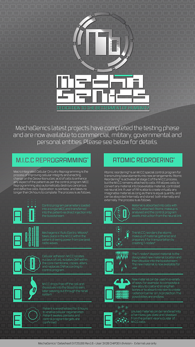 Mechagenics Datasheet [SciFi] branding design graphic design illustration logo typography vector