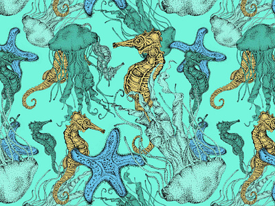 Beach Pattern beach coastal exotic fabric jelly fish pattern pattern design repeat pattern seahorse seamless shore starfish surface design textile tropical