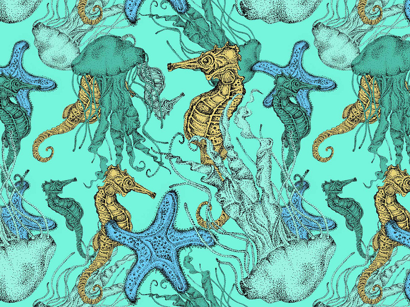 Beach Pattern beach coastal exotic fabric jelly fish pattern pattern design repeat pattern seahorse seamless shore starfish surface design textile tropical