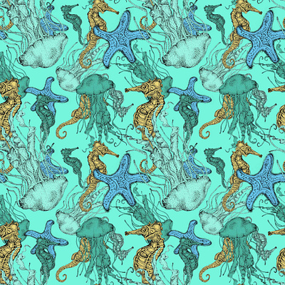 Beach Pattern beach coastal exotic fabric jelly fish pattern pattern design repeat pattern seahorse seamless shore starfish surface design textile tropical