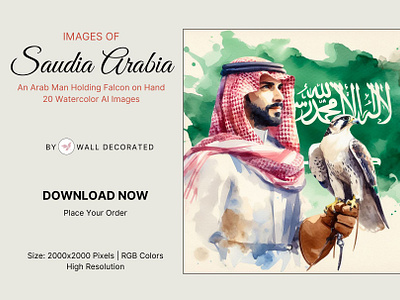 Saudi Man Holding Falcon on Hand - 20 Saudi Arabia Watercolor patriotism