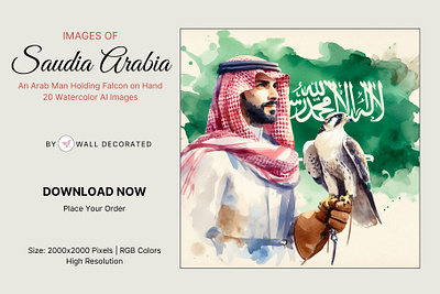 Saudi Man Holding Falcon on Hand - 20 Saudi Arabia Watercolor patriotism