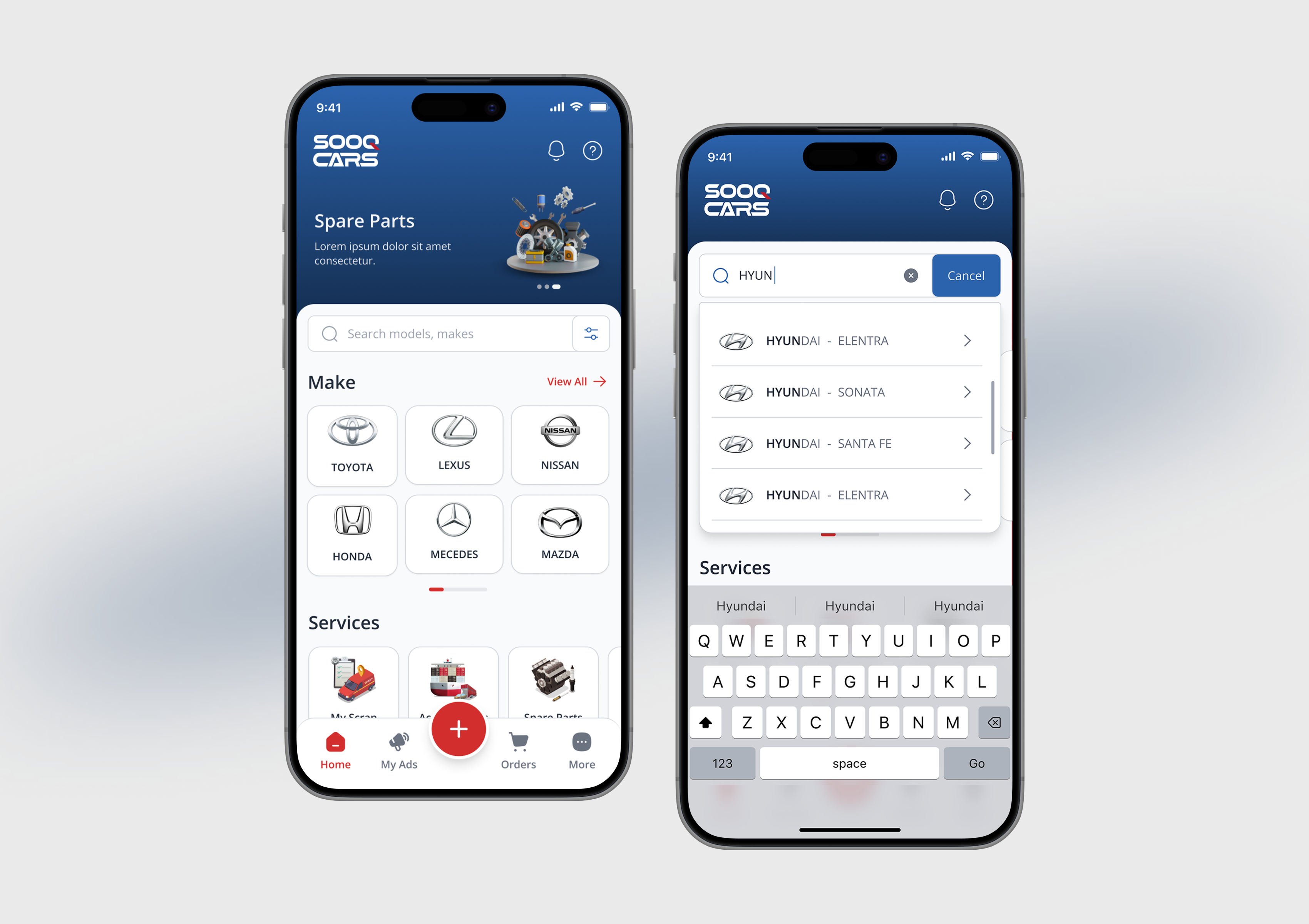 Car Marketplace App - Search Experience brands car car listing header input mobile app navbar search search area ui
