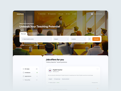 Teaching job search platform design concept illustration job find job post landing page minimalistic personal account search bar teacher ui ui design ux ux design web web design web platform website