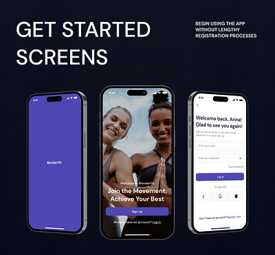 Fitness Mobile App · Get Started · Onboarding · Log In / Sign Up app design fitness fitness app ios log in screens mobile app onboarding sign up screens ui ui design user interface