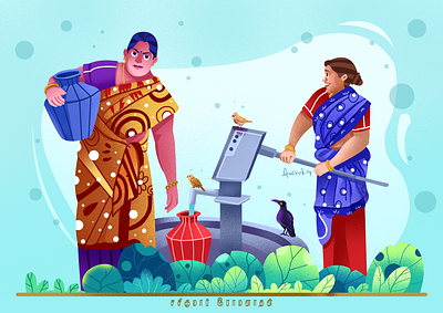 Rural South Indian women character design illustration rural south indian women tamil women trending illustration village women