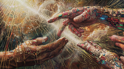 The Creation of Artificial Adam adam ai artificial intelligence design digital art dvk the artist futurism genesis graphic handpainted michaelangelo robotics the first man