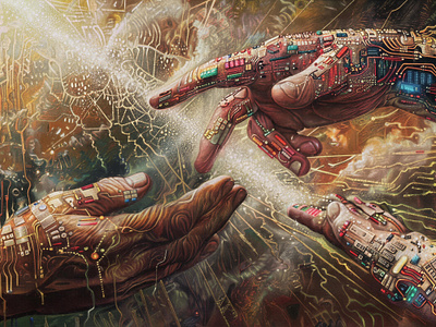 The Creation of Artificial Adam adam ai artificial intelligence design digital art dvk the artist futurism genesis graphic handpainted michaelangelo robotics the first man