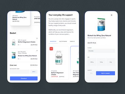 Supplement ecommerce basket blue branding cart ecommerce fitness gradient health herbs popup products sports store supplements ui ux webdesign whey white