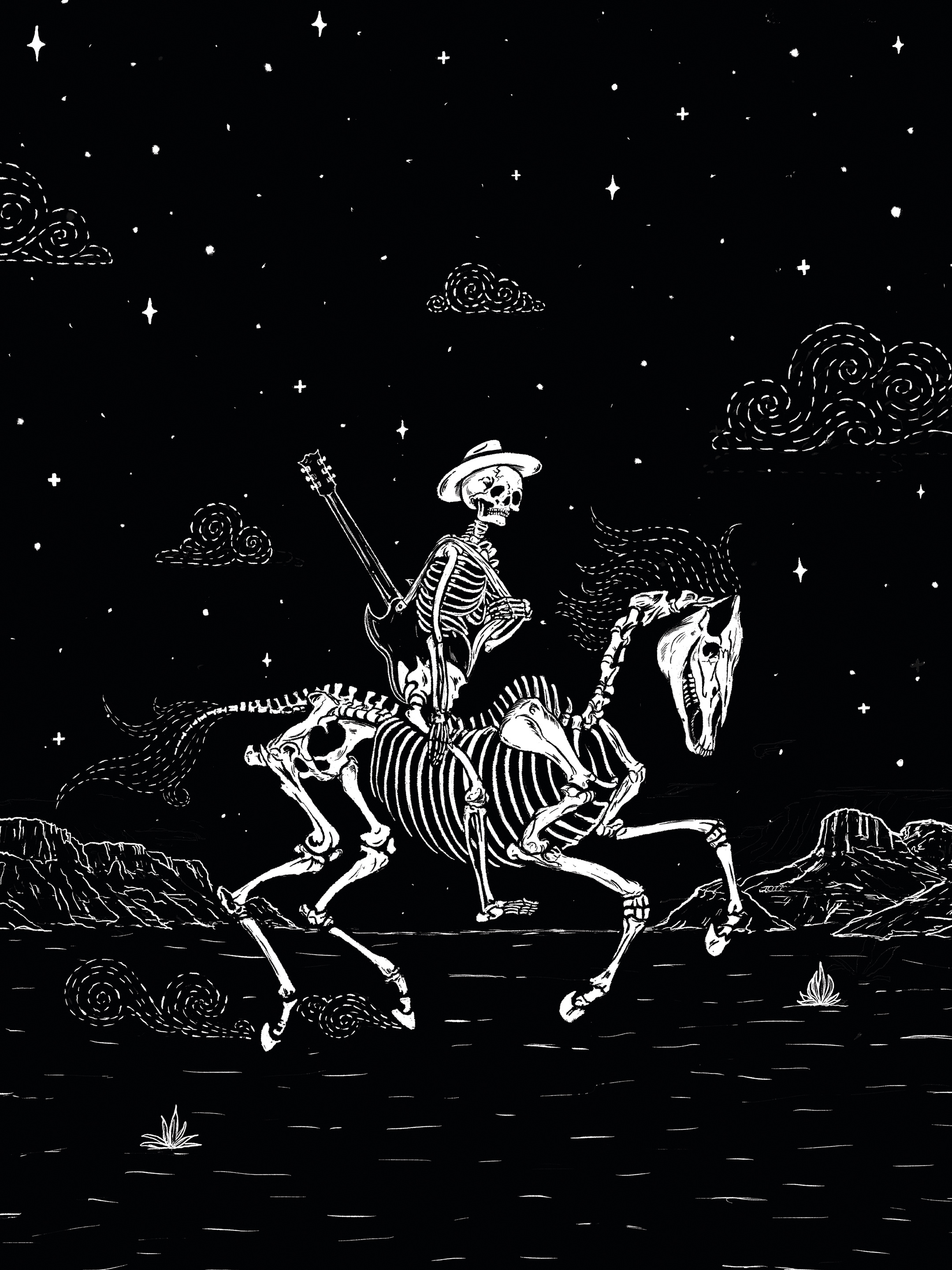 Midnight Masse Preacher Poster black white branding desert design gibson sg graphic design guitar horse illustration music texture type typography