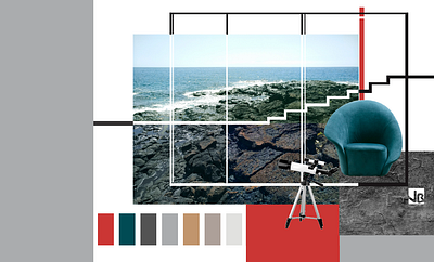 Design concept collage. Oceanfront villa interior. adobe photoshop design concept interior collage ocean vew oceanfront villa red blue interior