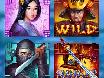 Shoguns themed slot machine - High symbols animation animation characters characters animation digital art gambling gambling art gambling design game art game design geisha graphic design high symbols japanese japanese slot japanese symbols motion graphics shoguns slot design symbols symbols animation