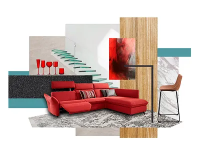 Interior design concept collage. collage design concept interior red and wood red sofa