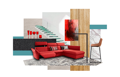 Interior design concept collage. collage design concept interior red and wood red sofa
