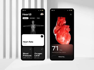 HeartB - Heart Rate Monitoring and cardiology checkup app 3d ai analysis animation app beats clean dark doctor healthcare heart heartbeat interaction ios medical minimal mobile mobile ui monitoring ui