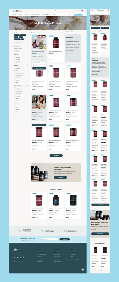 Ancient Nutrition PLP ancient blue branding capsoles collagen commerce filters graphic design health nutrition plp powder product list page protein shop supplements teal ui web wellbeing