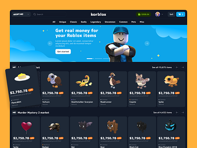 KorBlox - Roblox Items Marketplace adopt me blockchain blox card ui crypto game gaming home page items market marketplace roblox sell trade trading