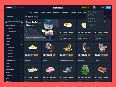 KorBlox - Game Page & Filters adopt me blockchain blox crypto dashboard exchange filter game gaming illustration market marketplace roblox search trade trading