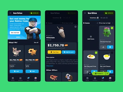 KorBlox - Mobile Version adopt me blockchain blox card ui crypto exchange game gaming market marketplace mobile mobile roblox roblox trade trading