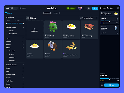 KorBlox - Marketplace Cart basket blockchain blox buy cart crypto dashboard exchange filter game gaming market marketplace overview roblox search sell trade trading