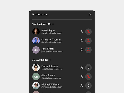 Meeting participants add cta design exploration figma list list component meeting participants microphone mute navigation online video call people and contacts product design ui unmute ux video chat video chat screen layout web web design