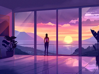 Sunset Out the Window apartment art branding clouds girl illustration illustrator island mountains nature panorama procreate sky sun sunset tropical vector view window woman