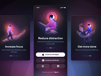 Brain.fm Mobile Onboarding animation app design authentication circles dark mode glows gradient illustration intro animation ios design mobile app music onboarding product design splash animation splash screen ui ui design uiux ux design