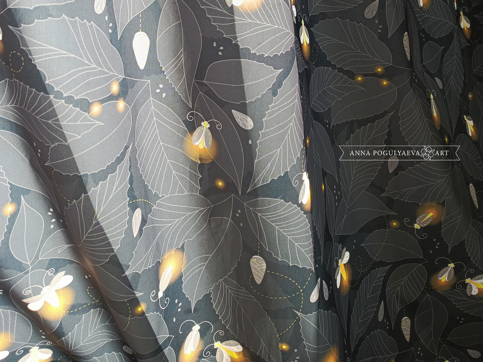 Fireflies in night foliage on a textile pattern for curtains by Anna ...