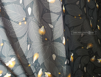 Fireflies in night foliage on a textile pattern for curtains annapogulyaeva annapogulyaeva art curtain design fabric firefly floral pattern foliage forest graphic design illustration insect pattern print textile textile design