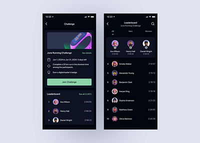 Leaderboard | Running challenge app avatar challenge dark mode fitness ios leaderboard mobile participants running sport tracker ui ux visual winners