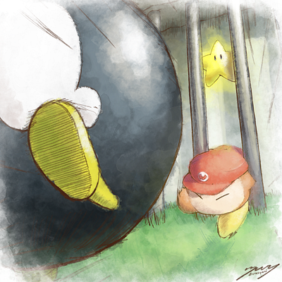 Bob-Omb Clip cute digital digital illustration fanart illustration kirby mario speedrunning super mario 64 waddle dee watercolor