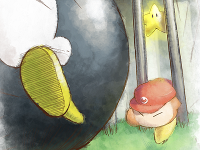 Bob-Omb Clip cute digital digital illustration fanart illustration kirby mario speedrunning super mario 64 waddle dee watercolor