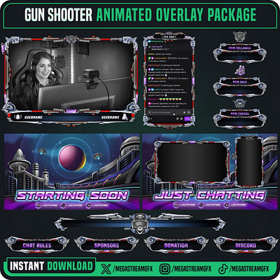 Gun Shooter Stream Overlay Package | Gun Shooter Twitch Overlay animated screen