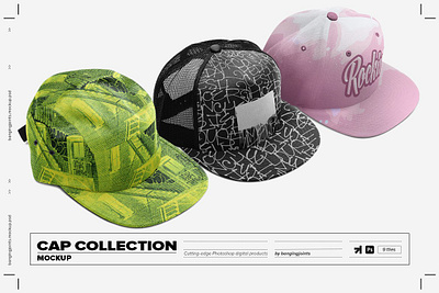 Cap Collection Mockup apparel baseball cap branding color cap custom designed hats fashion fitted hat full cap hat merchandise mock up needle hat presentation professional skateboard cap snapback stationary trucker cap trucker hat