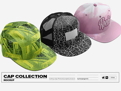 Cap Collection Mockup apparel baseball cap branding color cap custom designed hats fashion fitted hat full cap hat merchandise mock up needle hat presentation professional skateboard cap snapback stationary trucker cap trucker hat