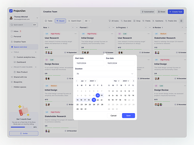 ProjectZen: Project Management - Select date Page calendar datepicker kanban minimal product design productivity project management project management too project manager saas task app task list task management task management software task tracking team management to do uiux web app web app design